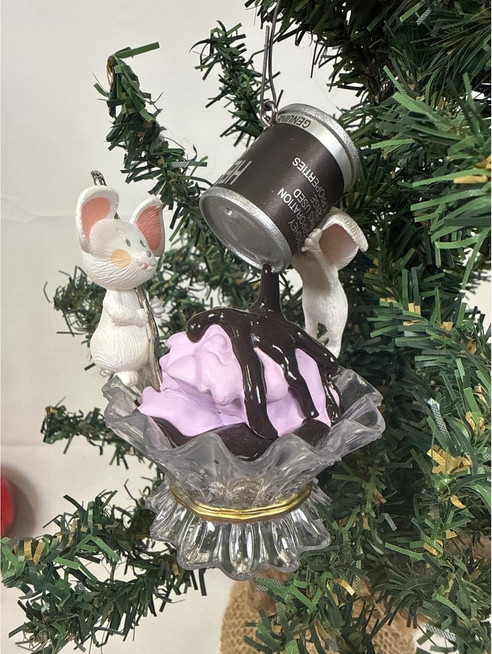 1994 Hershey's Syrup Ice Cream Sundae Glass Christmas Ornament with Mice